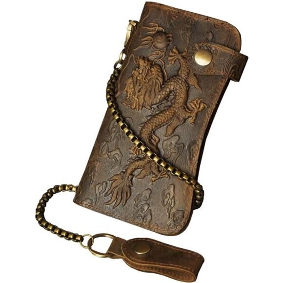 Mens Genuine Leather Bifold Wallet Organizer Checkbook Iron Chain - Picture 1 of 8